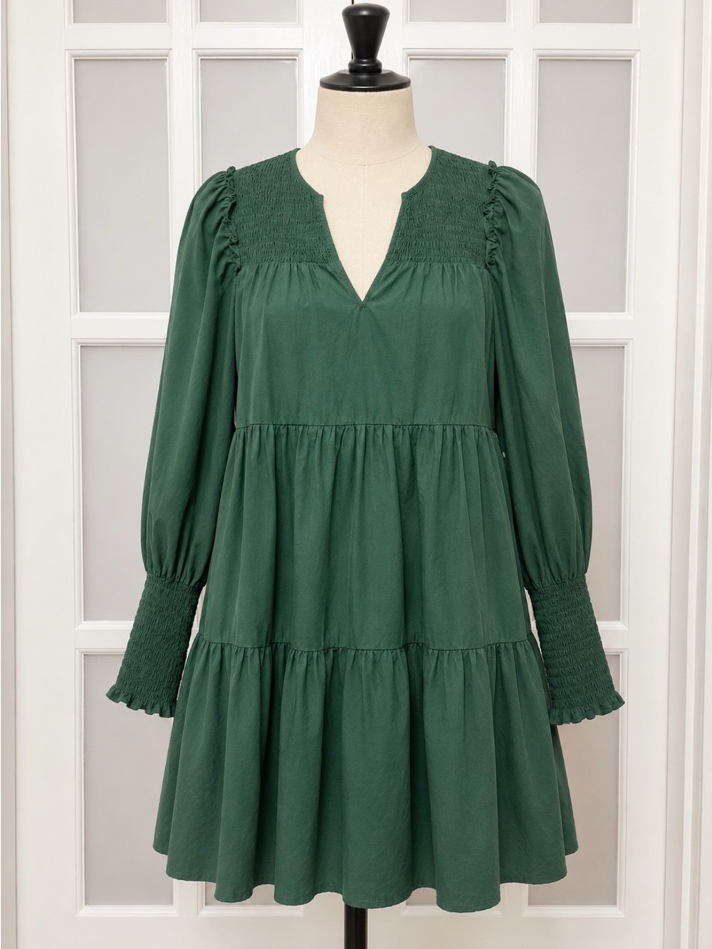 Pomander Place XS Forest Green Smocked Sleeve Dress